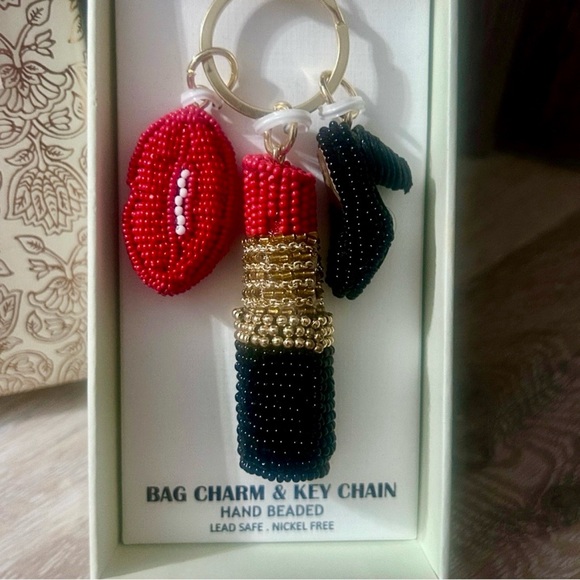 Haute Hippie™ Beaded Bag Charm & Key Chain –Red Lips, Lipstick, Black Heel- - Picture 2 of 4